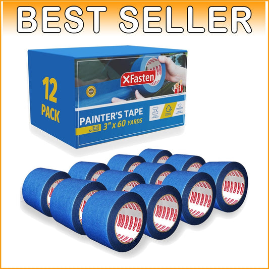 Bulk Blue Painters Tape - 3-Inch x 60-Yards, 12 Rolls for Sharp, Mess-Free Lines