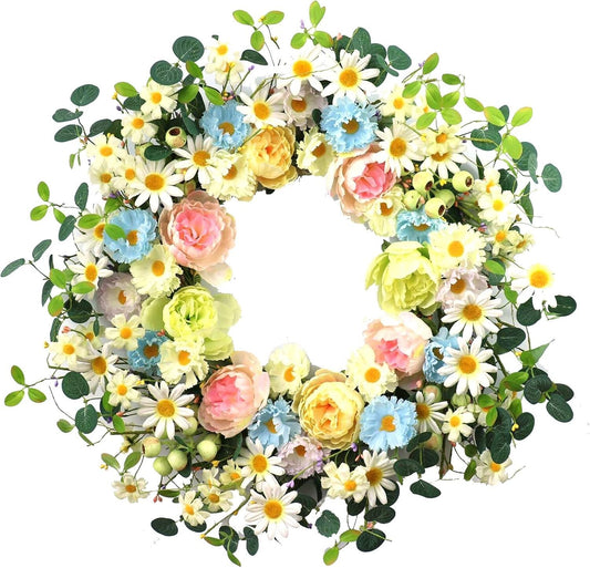 24-Inch Colorful Artificial Flower Wreath with Roses & Daisies for Festive Decor