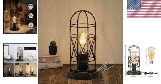 Industrial Touch Table Lamp with Dimmable 3-Way Control - Vintage Cage Design