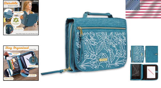 Medium Size Teal Canvas Bible Cover with Zipper and Multi-Compartment Organizer