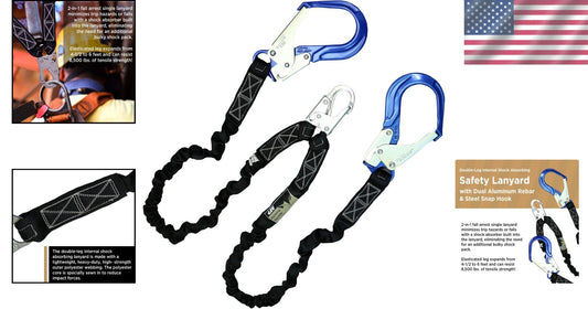 Durable Double Leg Safety Lanyard with Shock Absorption - 8500 lbs Load Capacity