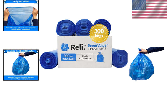 Durable 13 Gallon Blue Recycling Trash Bags | 300 Count - Leak Proof Design