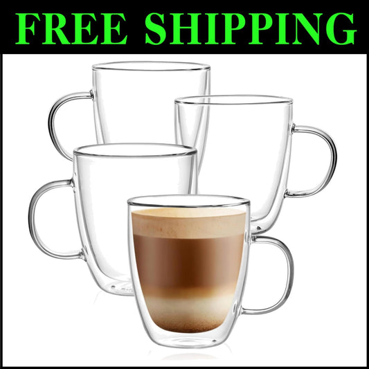 Elegant Set of 4 Double-Walled Borosilicate Coffee Mugs - 12oz Insulated Design