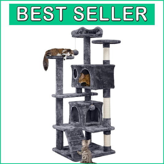 Durable 54-Inch Cat Tower with Plush Hideaways and Interactive Dangling Balls