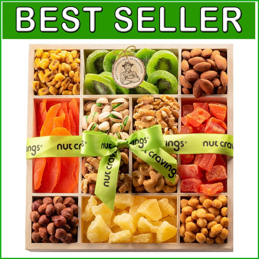 Deluxe Nut & Dried Fruit Care Package - 12 Assortments in Reusable Wooden Tray