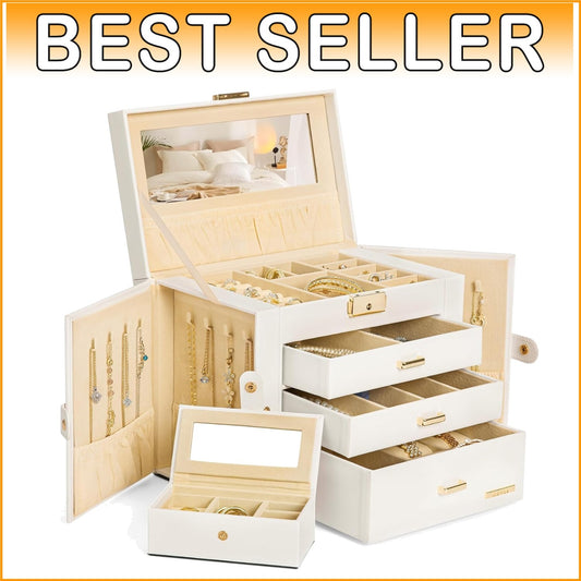 Waterproof Jewelry Organizer with Lock and Mirror - Modern White & Gold Design