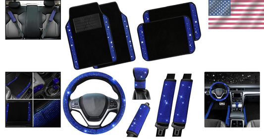 9-Piece Luxury Bling Car Accessory Set with Diamond Steering Wheel Cover