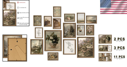 Charming Rustic Wall Art Collection - 16 Vintage Framed Prints for Any Room