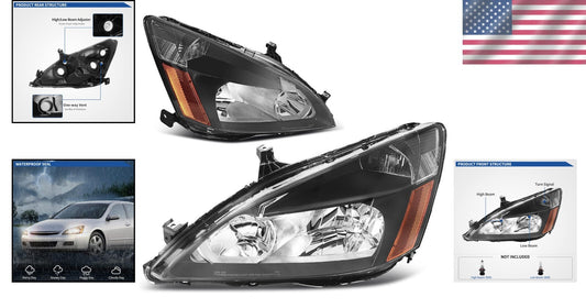 Premium Clear Lens Headlight Assembly for 2003-2007 Honda Accord - Black Housing