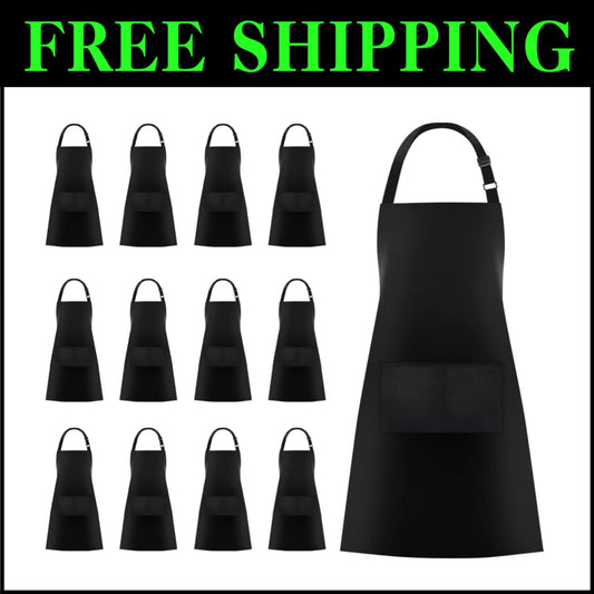 Black 12-Pack Adjustable Aprons with Pockets - Perfect for Home and Studio