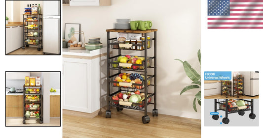 Rolling Vegetable Storage Cart with Wooden Top - 4 Tier Organization for Kitchen