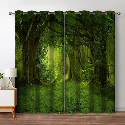 Forest Green Tree Blackout Curtains for Bedroom & Living Room - 2 Panels 52"x84"