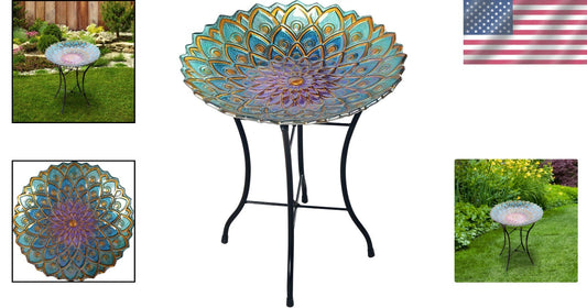 Sturdy 21" Handpainted Flower Glass Bird Bath with Folding Stand for Outdoor Use