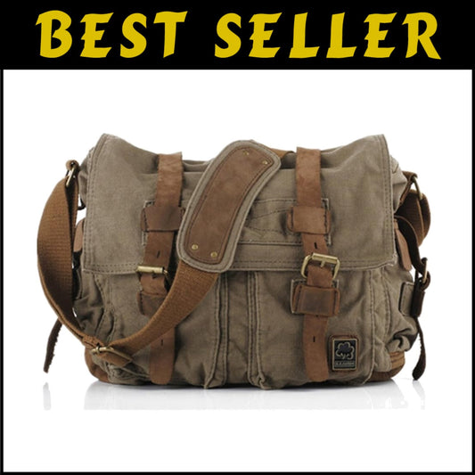 Vintage Military Leather Canvas Messenger Bag - Durable 13-Inch Laptop Carrier
