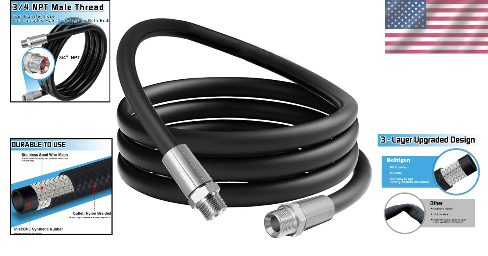 Heavy-Duty 3/4 Inch Fuel Transfer Hose - 12 Feet for Biofuels & Petroleum Oils