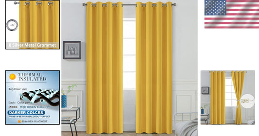 Room Darkening Soft Thermal Mustard Yellow Curtains - Set of 2 Grommet Panels