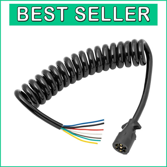 Coiled 7-Way Trailer Wire End Connector Harness - Durable & Weather-Resistant