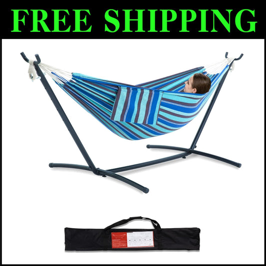 Brazilian-Style Double Hammock with Steel Stand - 450 lb Capacity & Easy Setup