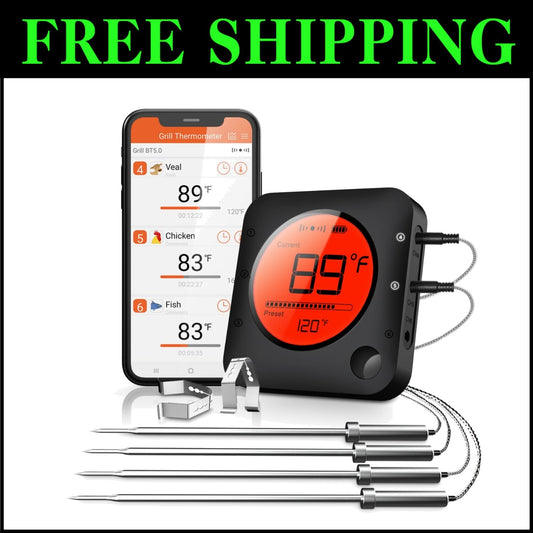 Professional Bluetooth Thermometer for Grilling with 4 Stainless Probes & Alarms