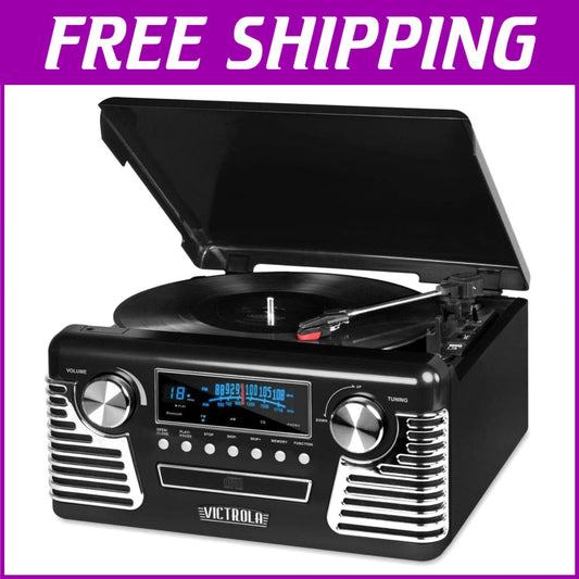 All-in-One Bluetooth Retro Turntable with CD Player & Built-In Speakers
