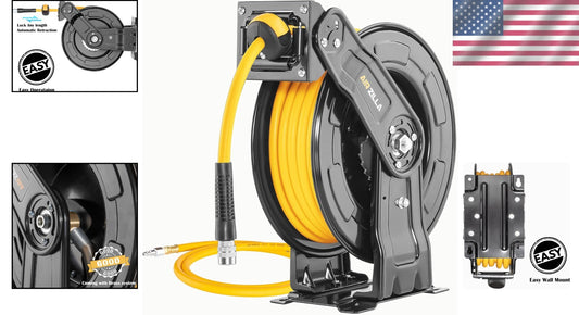Versatile Dual Arm Air Hose Reel with 65FT Hose – Automatic Rewind & Lock System
