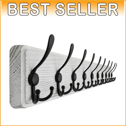 38.3'' Rustic Wall Mounted Coat Rack with 10 Heavy-Duty Hooks in Weathered White