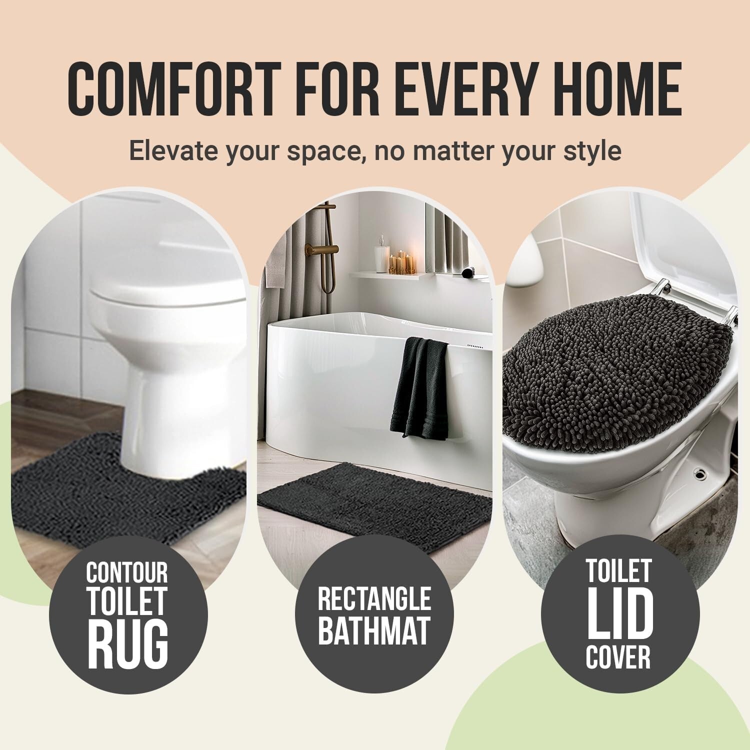 3pc Non-Slip Shaggy Chenille Bath Mat Set in Beige with Toilet Rug and Lid Cover