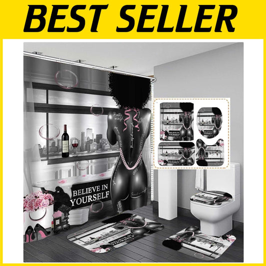 4PCS African American Shower Curtain & Rug Set - Inspiring 'I Am Enough' Design