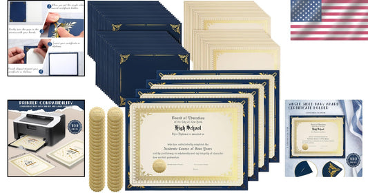 Complete 100-Piece Navy Blue Certificate Holder Set with Embossed Foil Seals