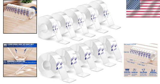 10 Roll Heavy Duty Double Sided Clear Tape - Strong Adhesive for All Surfaces