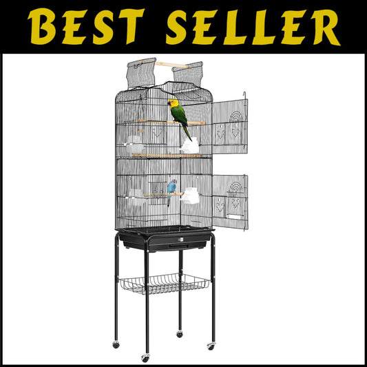 Spacious Black Bird Cage with Play Top & Easy-Clean Sliding Tray - 64 Inch