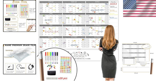 Jumbo 48"x58" Dry Erase Wall Calendar - Undated Yearly Planner with Markers
