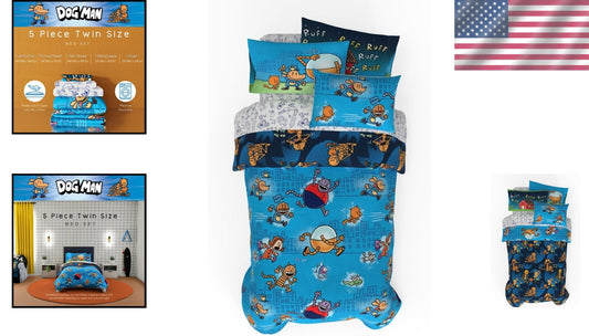 5-Piece Twin Dog Man Bedding Set - Reversible Microfiber Comforter & Sheets