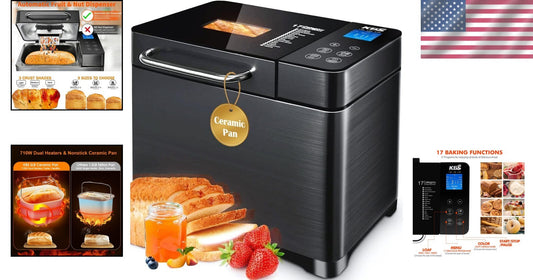 17-in-1 Stainless Steel Bread Maker with Dual Heaters & Auto Nut Dispenser