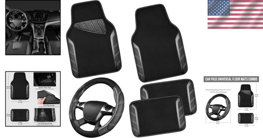Carbon Fiber Black Steering Wheel Cover & Waterproof Car Mats for All Vehicles