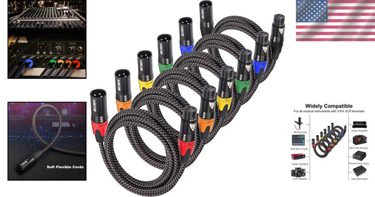 Premium Braided 3ft XLR Microphone Cables - 6 Pack with Color-Coded Connectors