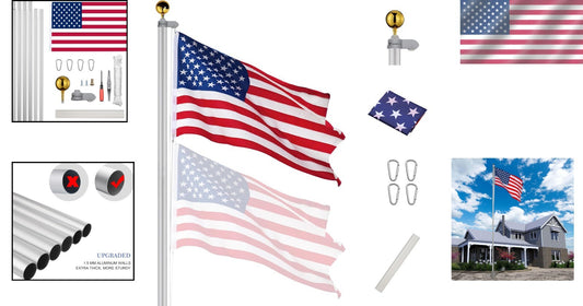 Durable 30FT Aluminum Flagpole with 3'x5' American Flag - Fly 2 Flags Easily