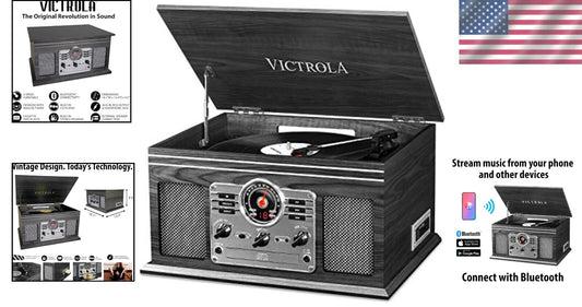 6-in-1 Bluetooth Record Player: Vintage Wood Turntable with CD & Cassette Player