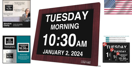 Elegant Mahogany Digital Clock with Custom Alarms for Seniors – 15-Inch Display
