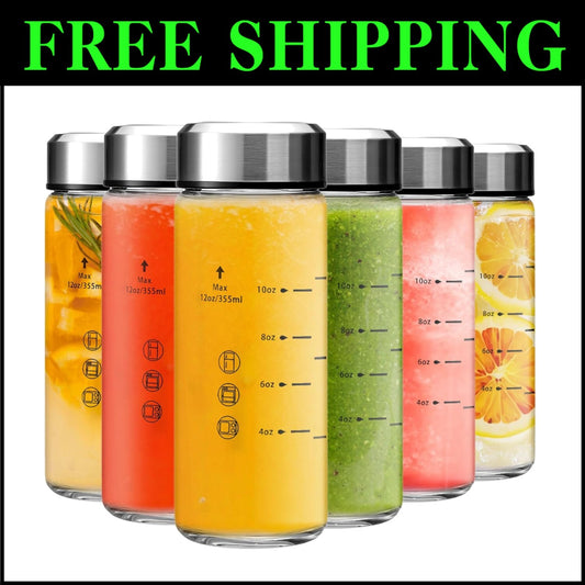 Set of 6 Durable 12oz Clear Glass Bottles with Airtight Stainless Steel Lids