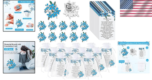Forget Me Not Memorial Brooches: 90 Sets of Elegant Pins & Thank You Cards