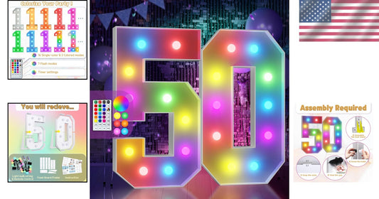 Colorful 4FT Light-Up 50th Birthday Marquee Number Decoration with Remote