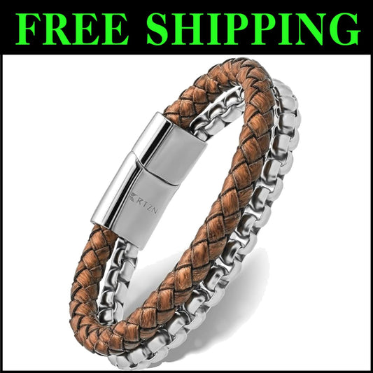Artisan Handcrafted Brown Leather Bracelet with Silver Chain – Medium Size