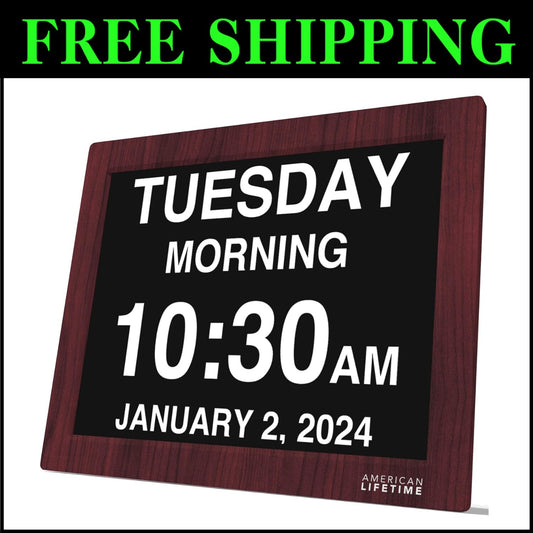 Elegant Mahogany Digital Clock with Custom Alarms for Seniors – 15-Inch Display