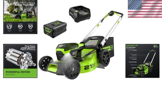 60V Cordless 21” Lawn Mower with LED Lights & Rapid Charger - Eco-Friendly Power
