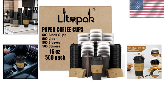 500 Pack 16 oz Black Disposable Coffee Cups with Lids & Sleeves for Convenience