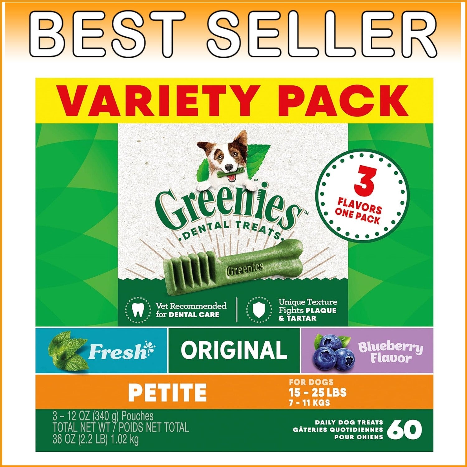60 Piece Petite Dog Dental Treats - Minty Fresh & Blueberry Flavor for Care