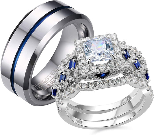Elegant Wedding Rings Set for Couples - 925 Sterling Silver & Tungsten Bands