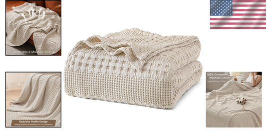 Elegant Oatmeal Waffle Weave Blanket - Soft King Size 108"x90", Machine Washable