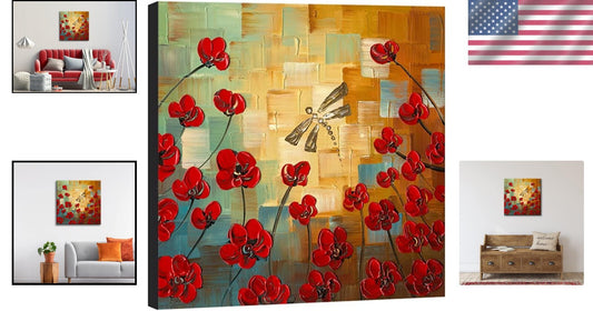 Gallery Wrapped 24x24 Dragonfly Floral Oil Painting - Ready to Hang Luxury Art